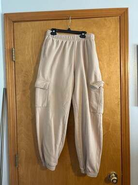 Automet Women's Baggy Fleece High Waisted Cargo Sweatpants in Beige